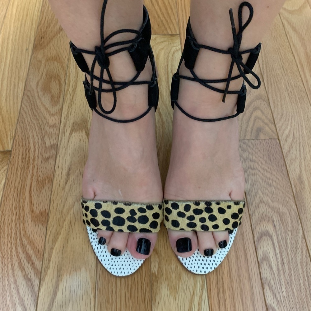 Loeffler Randall Leopard Calf Hair Suede Lace Up Kitten Heel Sandals Size 8‎